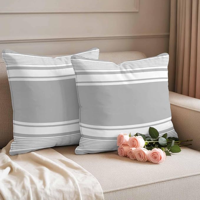 Outdoor Waterproof Throw Pillow Covers, Grey Striped Decorative Pillow Cases, Modern Color Block Farmhouse Stripes Couch Pillow Protector Patio Sofa Cushion Covers Replacement 20"x20" 2 Pack
