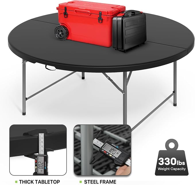 Magshion 65" Round Folding Table 5.5 Feet Plastic Bi-Folding Commercial Dining Event Table for Indoor Outdoor Camping Picnic Party, Black, 10 Pack