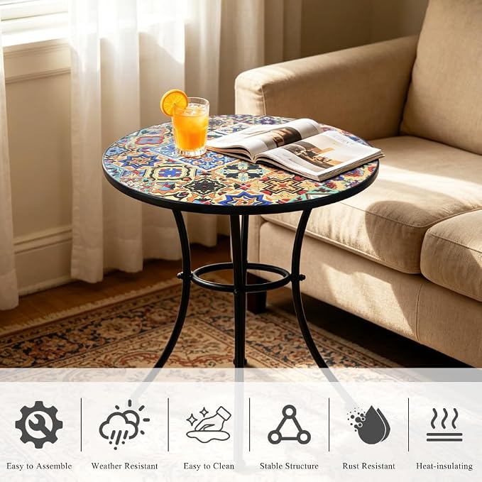 24 Inch Mosaic Patio Round Side Table with Ring Curved Legs Indoor and Outdoor Accent End Table for Yard, Garden, Living Room, Bistro, A - Multicolor Talavera