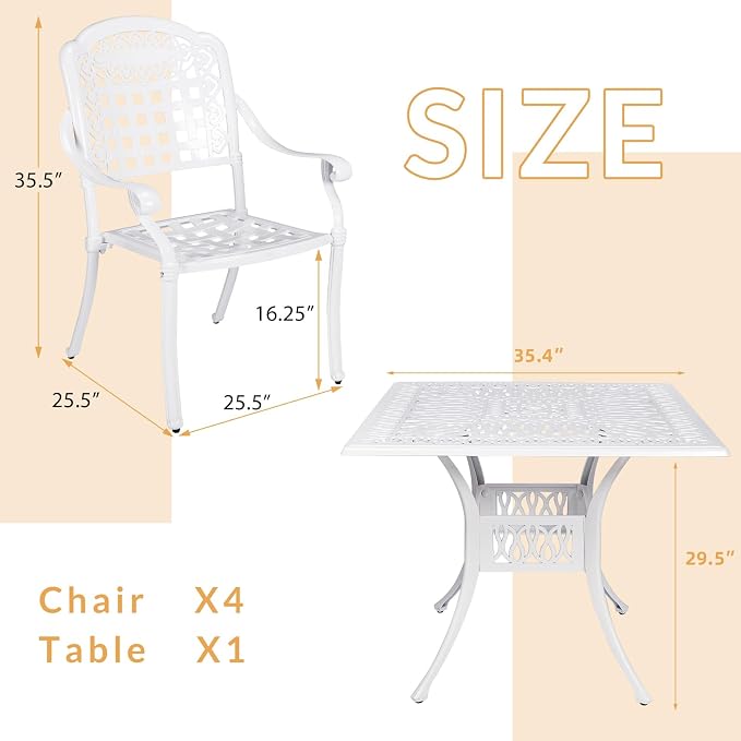 5-Piece Outdoor Patio Dining Set, All-Weather Cast Aluminum Patio Furniture Set with 4 Chairs and 35.4" Square Table for Backyard Garden Deck, 2" Umbrella Hole, White