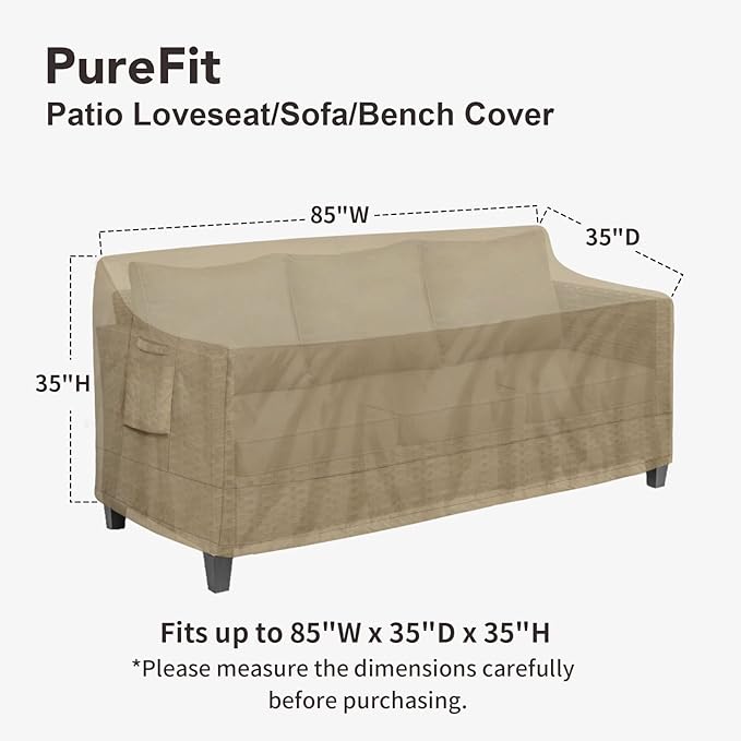PureFit Outdoor Couch Cover Waterproof Patio Sofa Furniture Covers, 3-Seater Outdoor Cover with Air Vent and Handles, 85W x 35D x 35H Inches, Camel