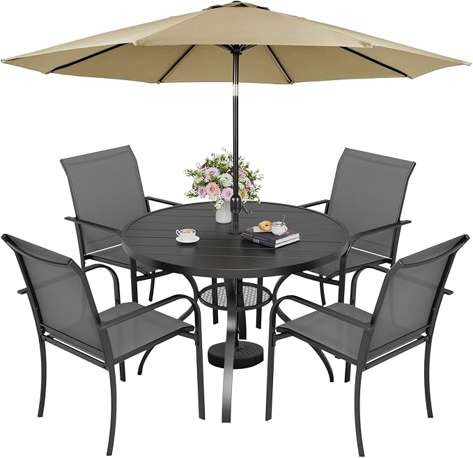 5-Piece Patio Dining Set with Umbrella,4 Person Outdoor Table and Chairs Set, 4 Metal Dining Chairs and Round Outdoor Table with 1.57" Umbrella Hole,Grey