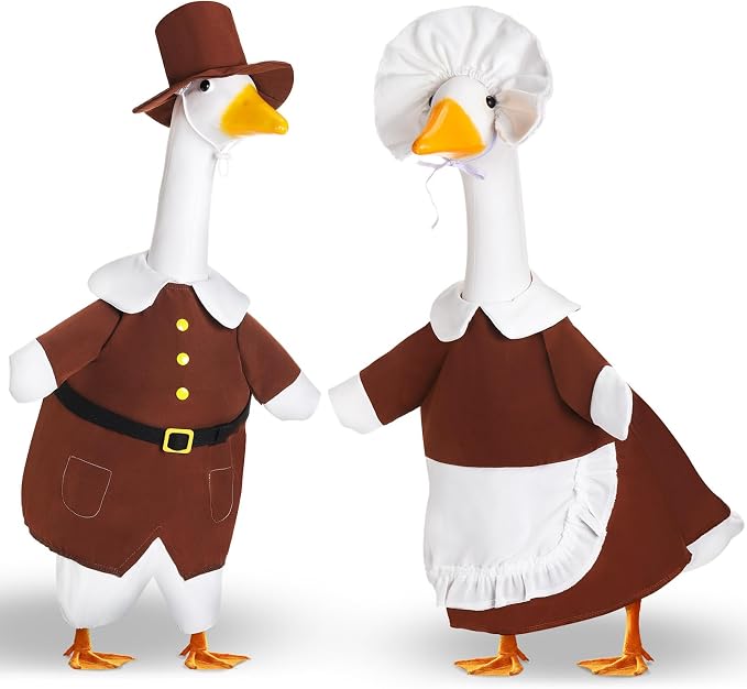 2 Set Thanksgiving Goose Outfit Pilgrim Couple Costume Autumn Lawn Porch Goose Cloths Plastic Goose Clothing Fall Thanksgiving Goose Outfit for 23" Goose Outdoor Patio Yard Lawn Art