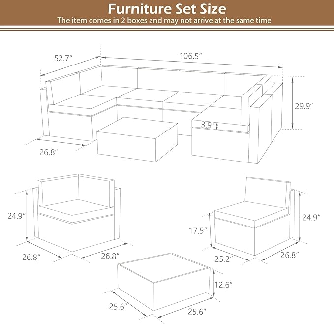U-MAX 7 Piece Outdoor Patio Furniture Set, PE Rattan Patio Brown Wicker Sectional Furniture Chair Set with Cushions and Tea Table, Brown Rattan and Dark Grey Cushion