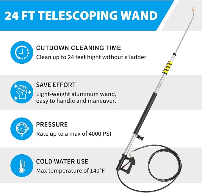 24 FT Telescoping Pressure Washer Wand Extension with Brush Head | Aluminum Power Washer Extension Wand, 7 Nozzle Tips, 3 Adapters & Support Harness, Gutter Cleaning Tools for 2 Story House