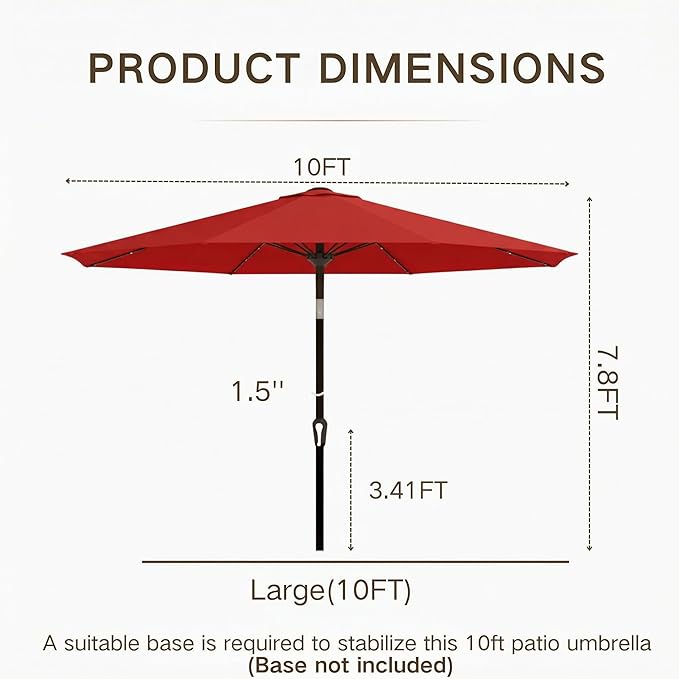 Kingdura 10FT Outdoor Patio Umbrella with Solar Lights, Market Table Umbrella with Push Button Tilt & Crank, 8 Sturdy Ribs, 32 LED Lights, UV Protection for Garden Lawn Deck Backyard Pool (Red)