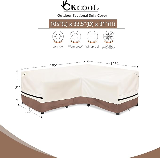 okcool Outdoor Sectional Sofa Cover Waterproof-V-Shaped Patio Furniture Covers for 7-Seater Outdoor Sectional Furniture Couch（105''X105''）,Beige & Brown