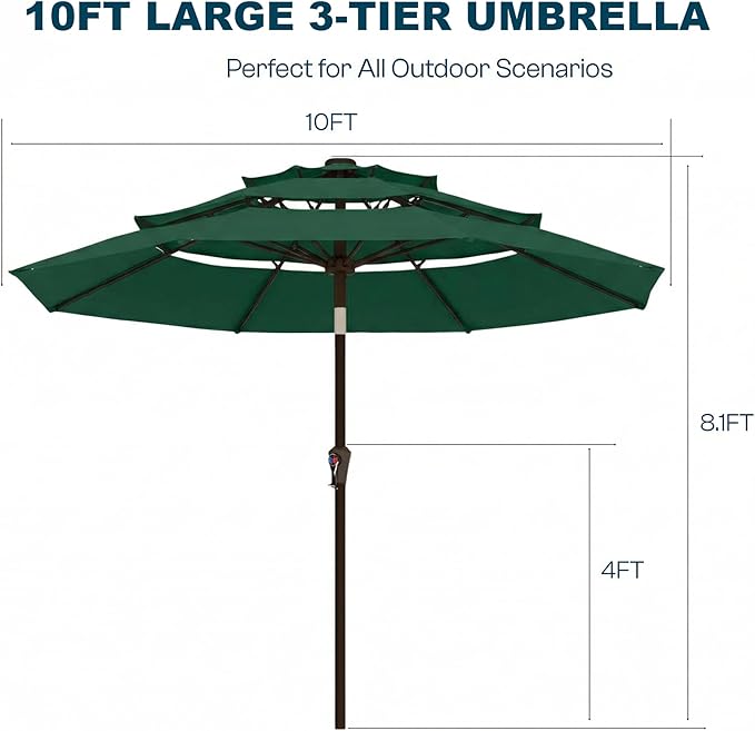 10ft Patio Umbrella, 3 Tier Outdoor Market Table Umbrellas with 8 Fiberglass Ribs and Push Button Tilt, Windproof, Vented Canopy, UV Protection for Deck, Pool, Backyard