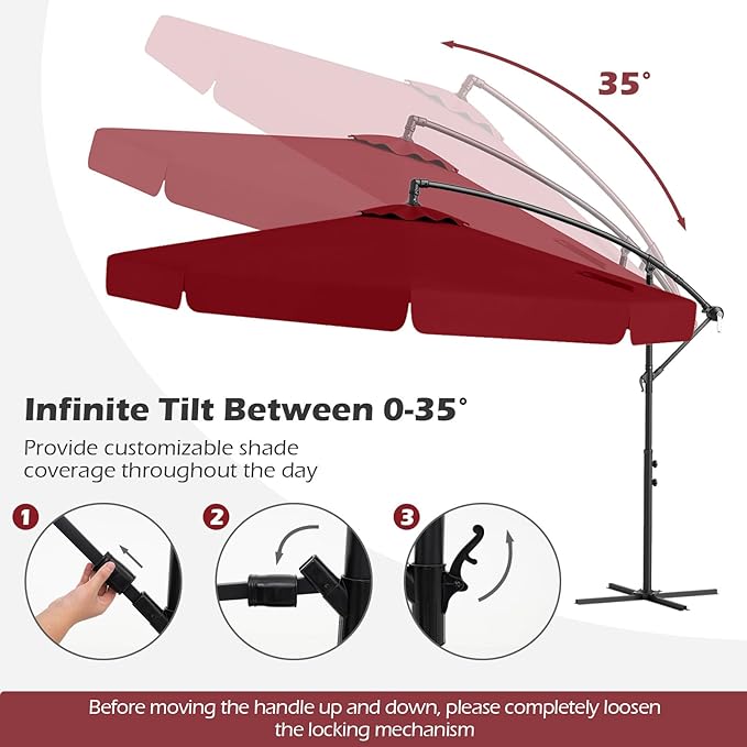 Tangkula 10FT Offset Hanging Umbrella with Cover, Patio Cantilever Umbrella w/ Easy Tilt Adjustment, Crank, Ruffled Edge, 8 Ribs, Sun-Protective Canopy, Heavy-Duty Outdoor Parasol for Pool Garden Deck (Red)
