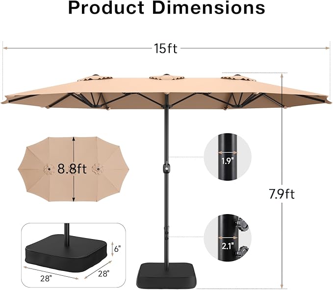 ONBRILL 2026 Upgraded 15ft Outdoor Patio Umbrella with Base Included, Extra Large Pool Umbrellas with Crank, Double Sided Rectangle Table Umbrella for Deck, Market, Garden