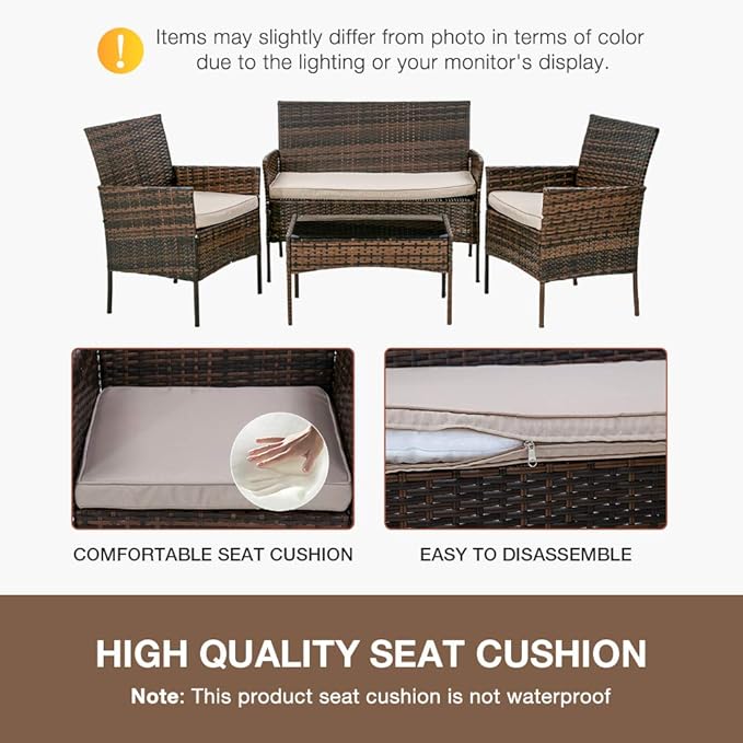 PayLessHere Patio Furniture 4 Pieces Outdoor Indoor Use Rattan Chairs Wicker Conversation Sets for Backyard Lawn Porch Garden Balcony,Brown