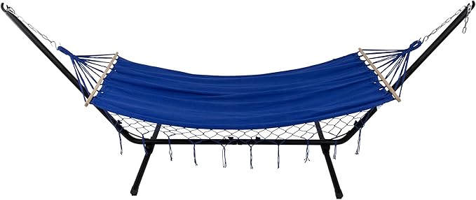 Hammock with Netted Fringe and Wooden Bars - 100" x 41" - Blue