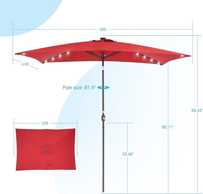 Rectangle Patio Umbrella with Solar Lights, 10 x 6.5ft Rectangular Outdoor Umbrella Table Market Patio Umbrella with Push Button Tilt and Crank for Garden, Deck, Backyard, Pool