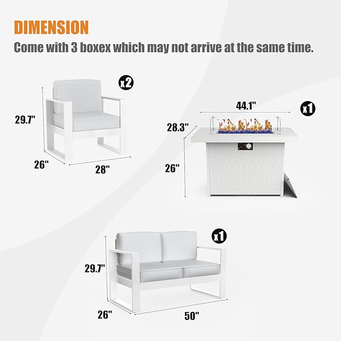 4 Piece Modern Aluminum Patio Furniture Set with Fire Pit Table, Outdoor Patio Sectional Conversation Metal Seating Sets with Olefin Cushion