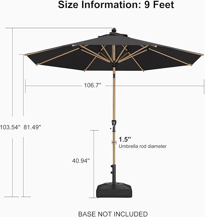 PURPLE LEAF 9 Feet Patio Umbrella Outdoor Table Umbrella Aluminum Market Umbrella with Push Button Tilt & 8 Sturdy Ribs and Crank Round Sun Umbrella for Garden Patio Balcony, Black