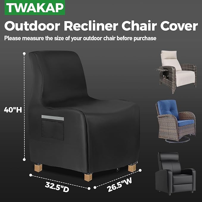 Outdoor Recliner Chair Covers, 600D Heavy Duty Outdoor Patio Chair Covers Waterproof, 26.5" W x 32.5" D x 40" H Lawn Patio Furniture Covers for Recliners, Black