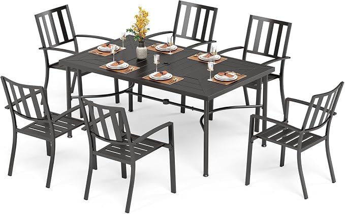 PHI VILLA 7 Piece Patio Dining Set, 64" Steel Table | Outdoor Dining Set for 6 for Patio, Deck, Yard, Garden