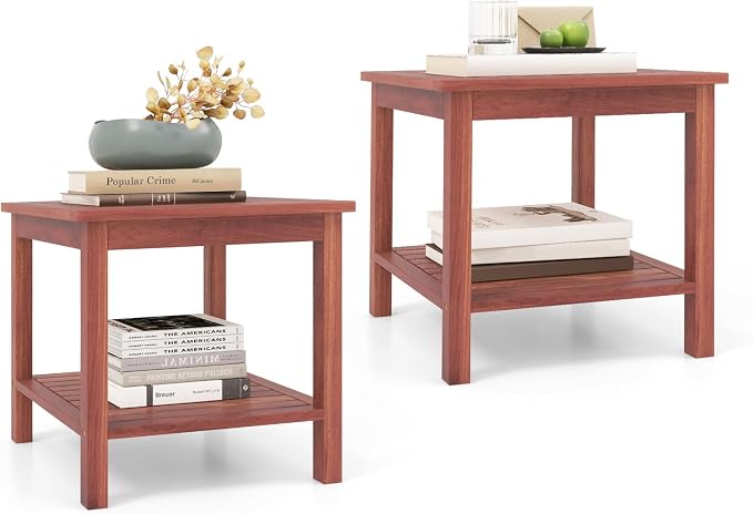 Tangkula Patio Side Table, Double-Tier Acacia Wood End Table, Slatted Tabletop & Shelf, Outdoor Small Side Table with Storage, Compact Wood Table for Backyard, Balcony (2, Natural)