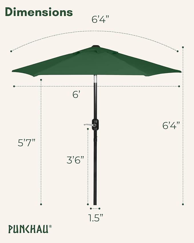 6 Ft Outdoor Patio Umbrella, Easy Open/Close Crank and Push Button Tilt Adjustment - Hunter Green Market Umbrellas