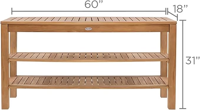 Royal Teak Collection Console Table with Two Shelves, 60-Inch Rectangular Wooden Outdoor Teak Table with Storage Shelves, Outdoor Furniture for Deck, Garden, Poolside or Buffet Serving