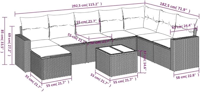 9 Piece Patio Furniture Set Gray Poly Rattan Outdoor Sectional with Navy Cushions and Tempered Glass Table 25.8x24.4x27.2 in Modular Sofa Conversation for Patio Balcony Lawn