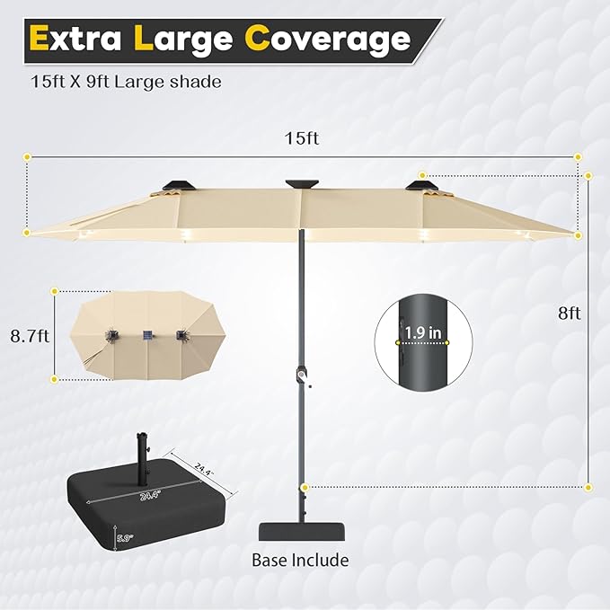 AECOJOY 15ft Large Patio Umbrella with Solar Lights, Double-Sided Outdoor Rectangle Market Umbrella with Base Included, 156 PCS LED Lights, Crank Handle for Garden Deck Pool in Tan(1.9" Pole)