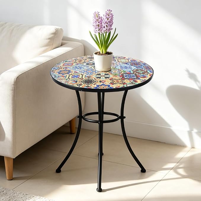 23.6" Outdoor Patio Mosaic Round Table Garden Bistro Accent Table | Ceramic Tile Waterptoof Side End Table Metal Frame Dining Table Furniture for Balcony Backyard Porch Poolside Terrace