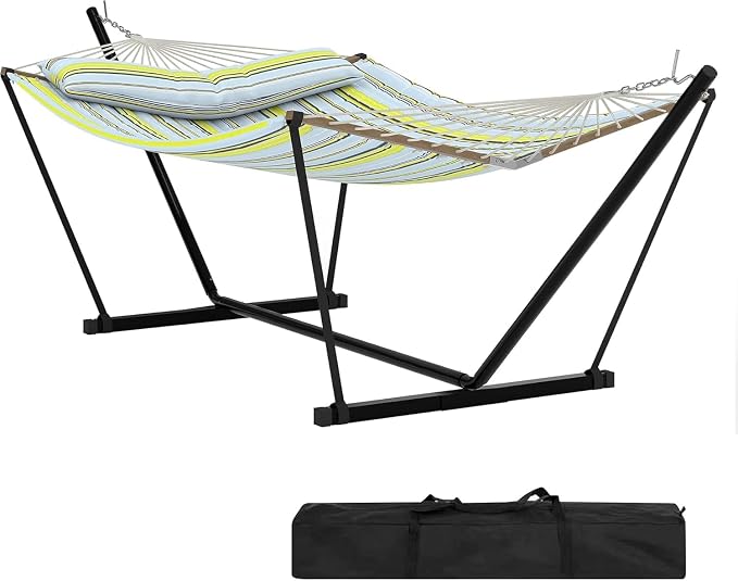 2 Person Outdoor Hammock with Stand, 450 LBS Heavy Duty Anti-Tipping Frame with Balance Rope, Rainproof & Quick Dry for Patio, Backyard, Balcony & Outdoor Garden Use, Light Blue and Green Stripes