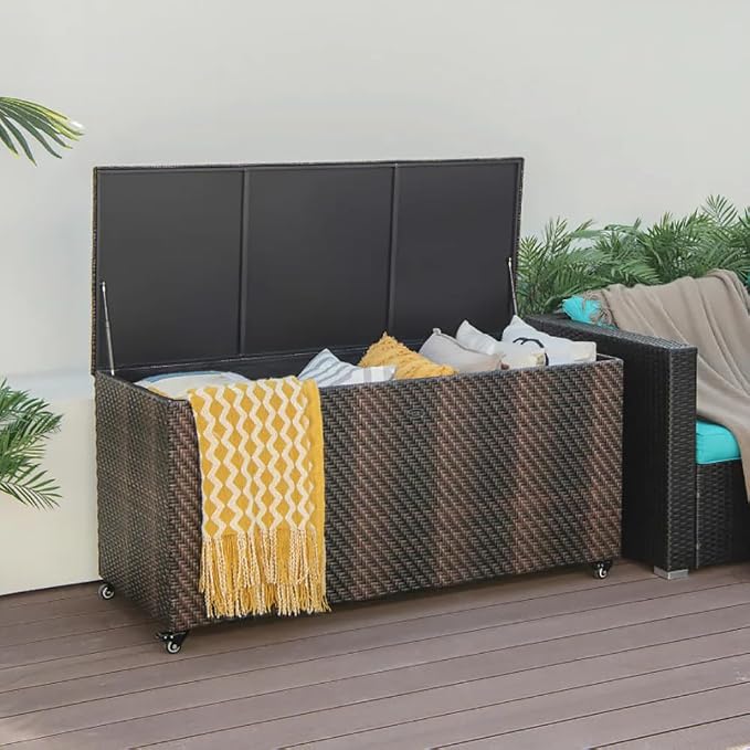 96 Gallon Outdoor Wicker Storage Box, Waterproof Deck Box with Wheels & Gas Strut, Weather Resistant Patio Container for Cushions, Tools, Garden