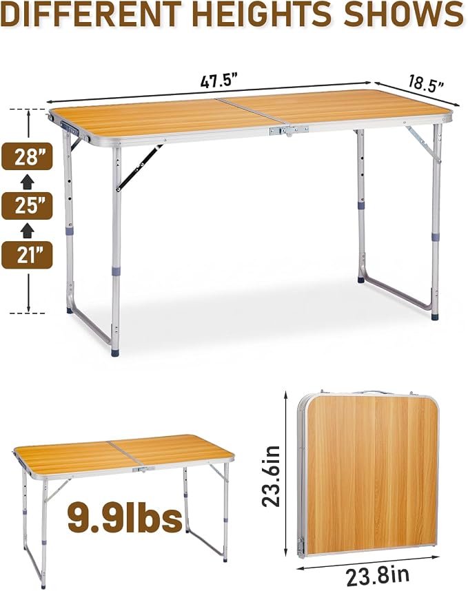 Outvita 4ft Portable Folding Camping Table, Outdoor Waterproof Adjustable Height Table, Aluminum Lightweight Suitcase Foldable Table for Picnic BBQ Beach Dining