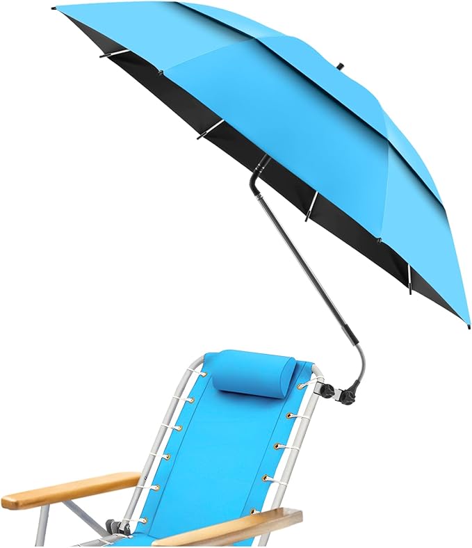 48.6" Double Canopy Beach Umbrella with Clamp, UPF50+ Beach Chair Umbrella with clip, 360°Adjustable Portable Outdoor Wheelchair, Patio, Golf Carts,Camping(Sky/Blue)