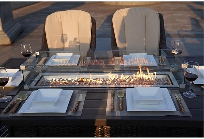 Brown Aluminum 6-Seat Patio Rectangle Firepit Dining Set with Chairs