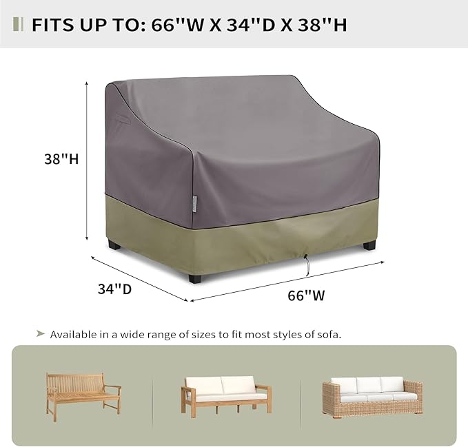 KylinLucky Heavy Duty Patio Sofa Cover 66x34x38 Inches, Waterproof 3-Seater Outdoor Couch Cover for Loveseat & Bench with Air Vents, All-Weather Grey Furniture Protector