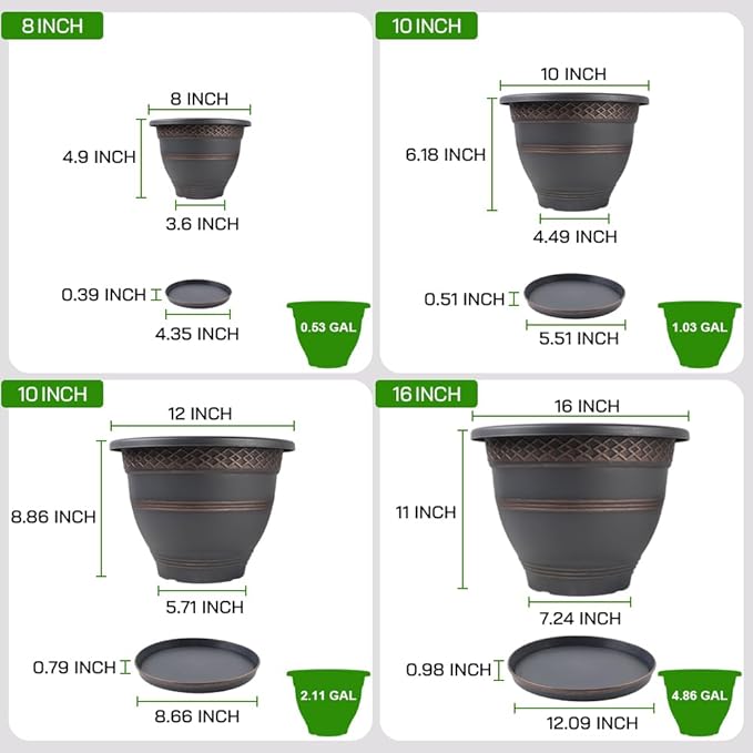 Usocik 4 Pack 12 Inch Large Plant Pots, Plastic Flower Pot for Indoor & Outdoor with Drainage Holes & Saucer, Plaid Pattern Planters Garden Pots for Herbs Bronze