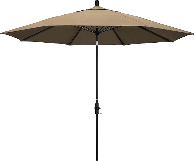 California Umbrella 11Ft Sunbrella Patio Umbrella, Fiberglass Ribs, Hand-Crank, Tilt-Collar, Black Frame, Heather Beige Fabric