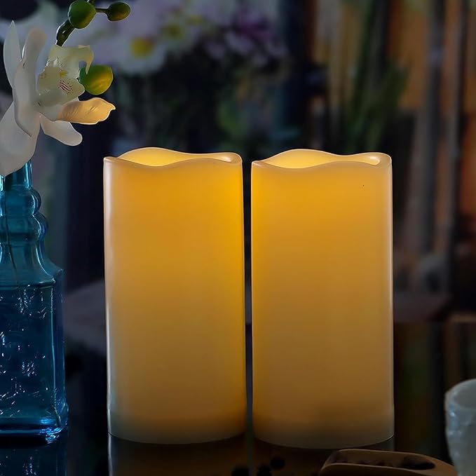 2 Pack 6'' Outdoor Battery Operated Candles with Timer Flameless LED Flickering Candles Waterproof Electric Pillar Decorative Candle for Wedding Party Home Lantern Garden