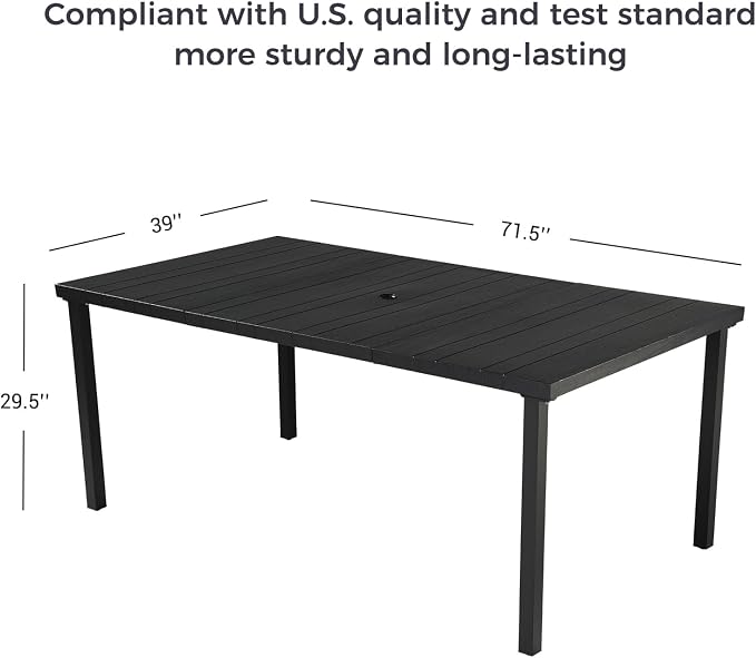 Grand patio 71.5" x 39" Outdoor Dining Table, Rectangular Patio Table, Embossed Woodgrain with 1.5" Market Umbrella Hole for Garden, Lawn, Backyard (Black)