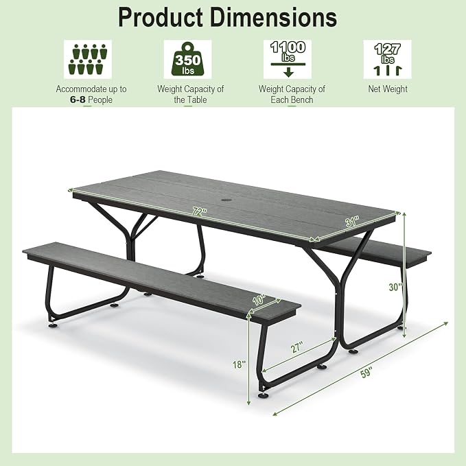 Tangkula 6 Ft HDPE Picnic Table, Plastic Picnic Table with 2 Benches, Umbrella Hole, Heavy-Duty Metal Frame, 8 Adjustable Foot Pads, 6-8 Person Outside Table Bench Set, 2550 lbs Capacity