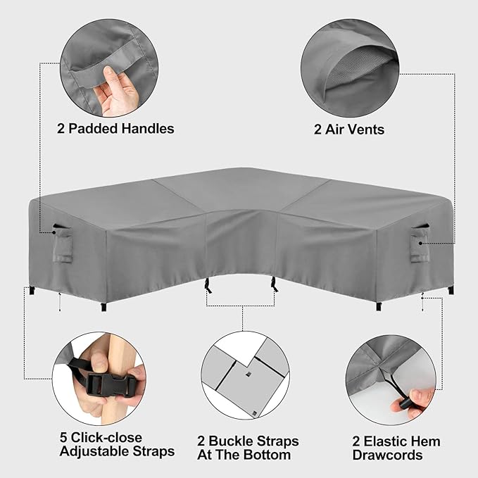 PureFit Outdoor Sectional Sofa Cover Waterproof V Shaped Patio Furniture Covers for Deck, Lawn and Backyard, 89”x89”, Gray