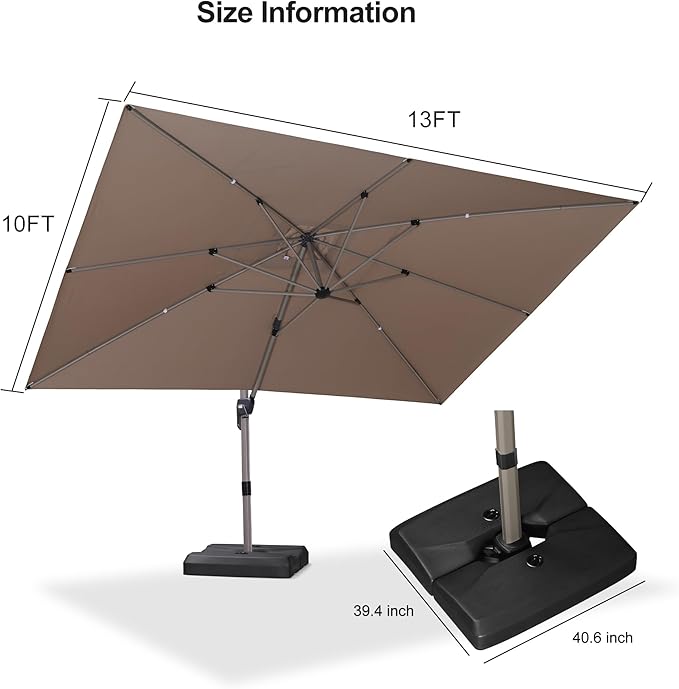 PURPLE LEAF Patio Umbrella with Base Included, 10‘×13’ Outdoor Aluminum Cantilever Umbrella with 360° Rotation, Aluminum Large Offset Umbrella for Outdoor Garden Pool, Taupe