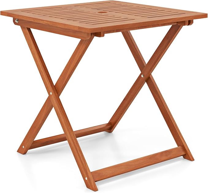 Byroce Outdoor Patio Table, 29.5” x 29.5” Folding Bistro Table with Slatted Tabletop & 2” Umbrella Hole, Solid Wood Outdoor Dining Table, Portable for Backyard, Poolside & Balcony (1, Square)