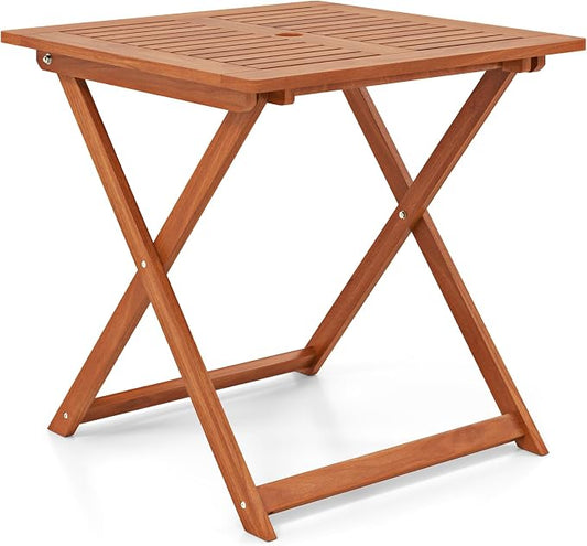 Folding Outdoor Dining Table, Solid Wood Bistro Tables with 2" Umbrella Hole, Square Foldable Patio Table for Porch Balcony Deck Garden Yard, Teak Oil Finish