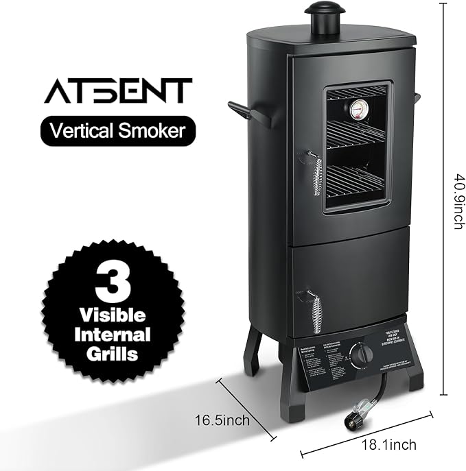 Propane Smoker, Vertical Smoker with Three Removable Shelves,Outdoor Grills & Smokers with Thermometer and Cover for Outdoor BBQ,