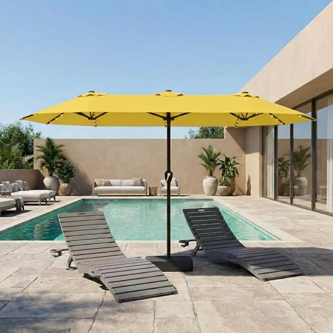 15FT Patio Umbrella with Solar Lights, Double-Sided Extra Large Outdoor Table Umbrella with Base Included, Heavy-Duty 12 Iron Ribs Market Umbrella for Garden, Pool, Backyard, Sunshine Yellow