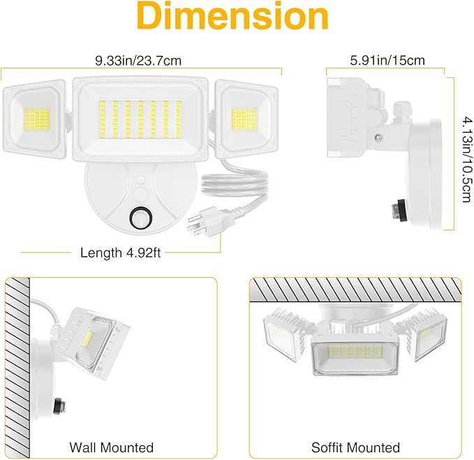 Onforu 80W Dusk to Dawn Outdoor Lighting,Plug in LED Flood Lights,White Outdoor Lights with Remote,8000LM Security Light,IP66 Waterproof Lighting,2Modes 3 Adjustable Heads Light for Garage Yard