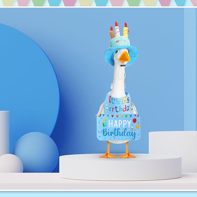 Happy Birthday Porch Goose Outfit Lawn Goose Cloth Costume for 23" Cement Plastic Patio Yard Statue Outdoor(Blue,Triangle Scarf)