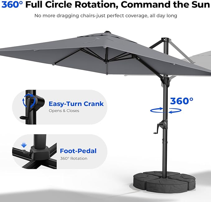 HOMSHADE 10x10 FT Cantilever Patio Umbrella Outdoor with Base- Large Offset Heavy-Duty Aluminum Umbrella with 360° Rotation, 6 Tilts, Windproof, 3-Year Fade Resistance for Pool Deck, Square, Grey