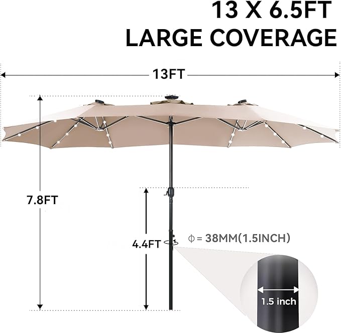 GREEN PARTY 13ft Outdoor Patio Umbrella with Solar Lights, 120 LED 12-Mode Large Double Sided Rectangular Table Umbrella, Heavy Duty Triple-Head Shade for Backyard Deck & Poolside, Beige (No Base)