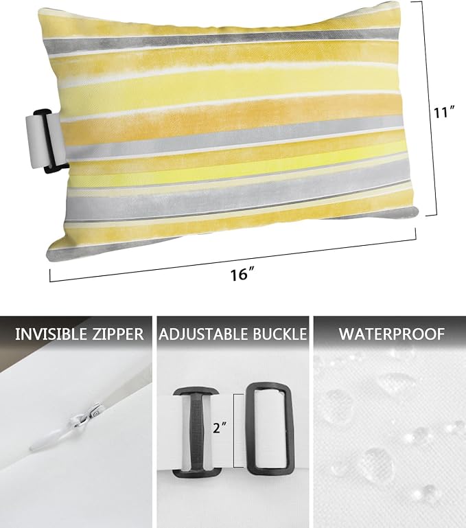 Outdoor Pillows Covers with Inserts Northern Europe Yellow Vintage Stripes Waterproof Recliner Pillow with Adjustable Strap Throw Pillows for Patio Furniture Pool Lounge Chair, 11x16 inch, 1PCS