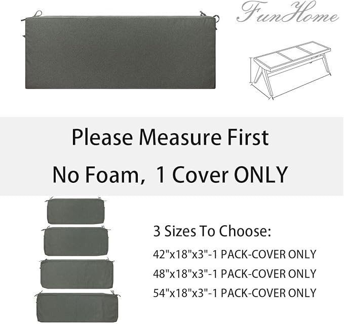 FUNHOME Outdoor Bench Cushion Cover 45 x18 x 3 inch,Water Resistant Cover with Zipper&Ties,Fade-Resistant Slipcover,Patio Porch Swing Cushion Cover Replacement Only,No Insert(Dark Gray)